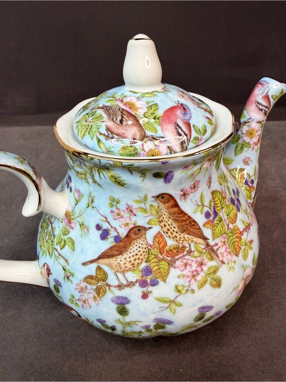 Vintage Floral English Bird Chintz Collection Porcelain Teapot in Pastel Blue